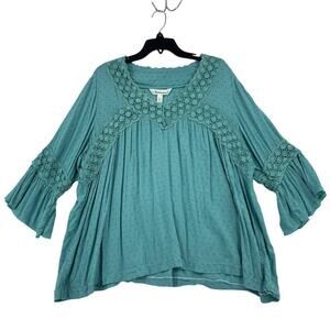 Tantrums Swiss Dot Blouse Size XXL Seafoam Green Crochet Bell Sleeve Boho Top‎